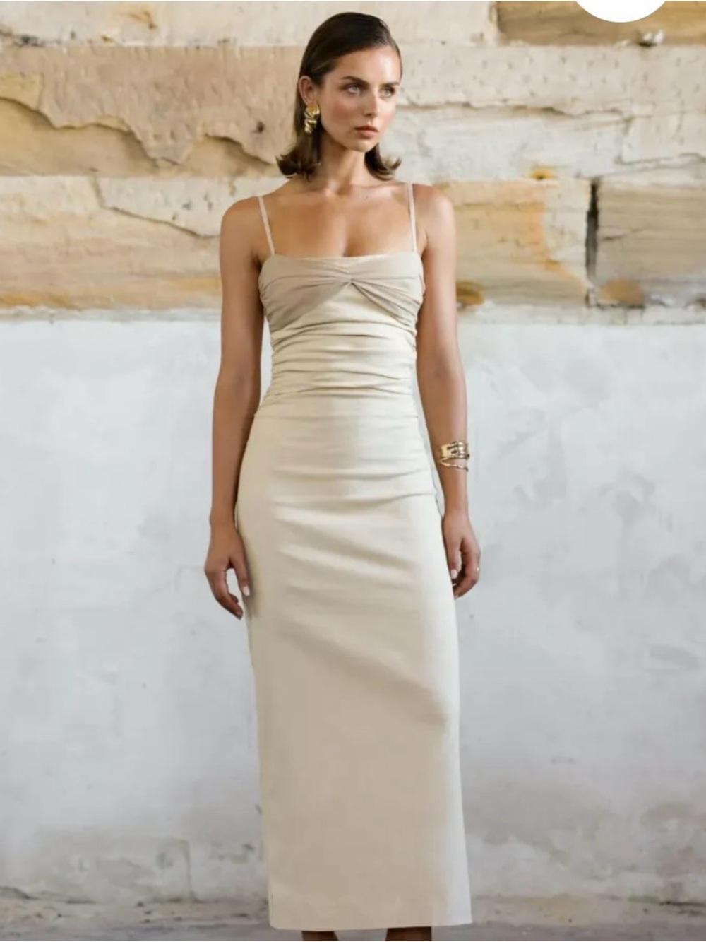 Strapless Two-Tone Beige Midi Dress with Ruched Bodice #181